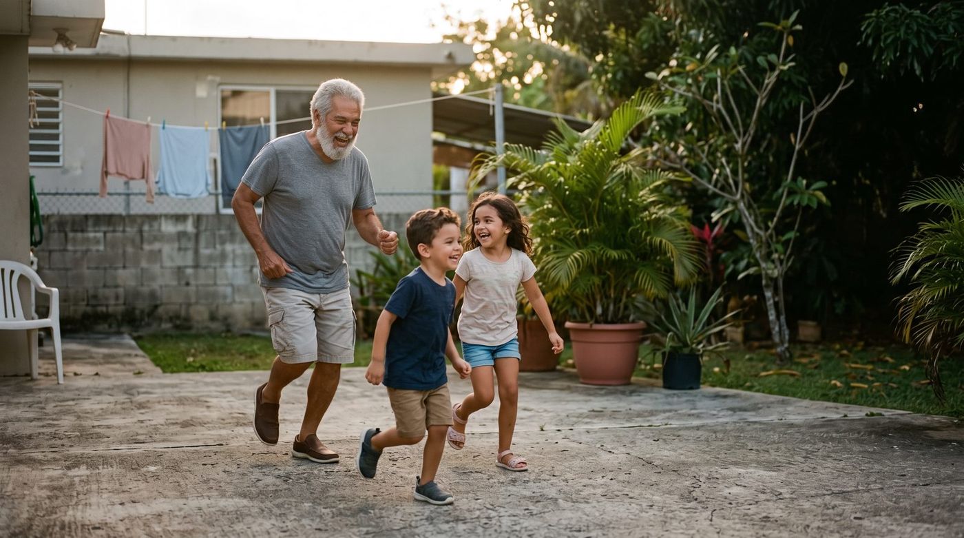 A grandfather chasing his two grandchildren across a sunny patio