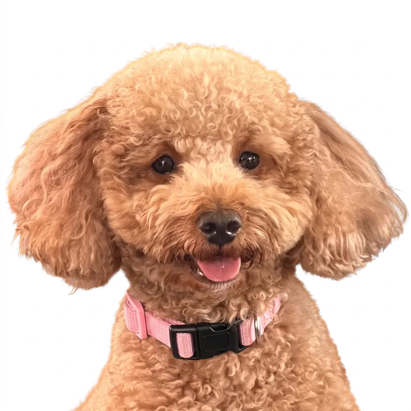 Joy, a curly apricot poodle with a pink collar, smiling